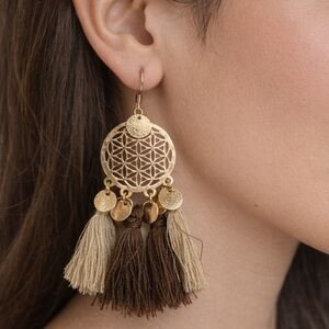 Boho Gold Tone Dangle Earrings | Flower of Life Sacred Geometry Earrings